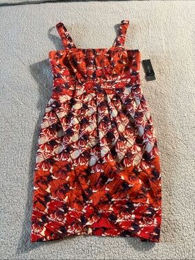 Ivy + Blu Red Floral Structured Cotton Midi Dress Size 6 New